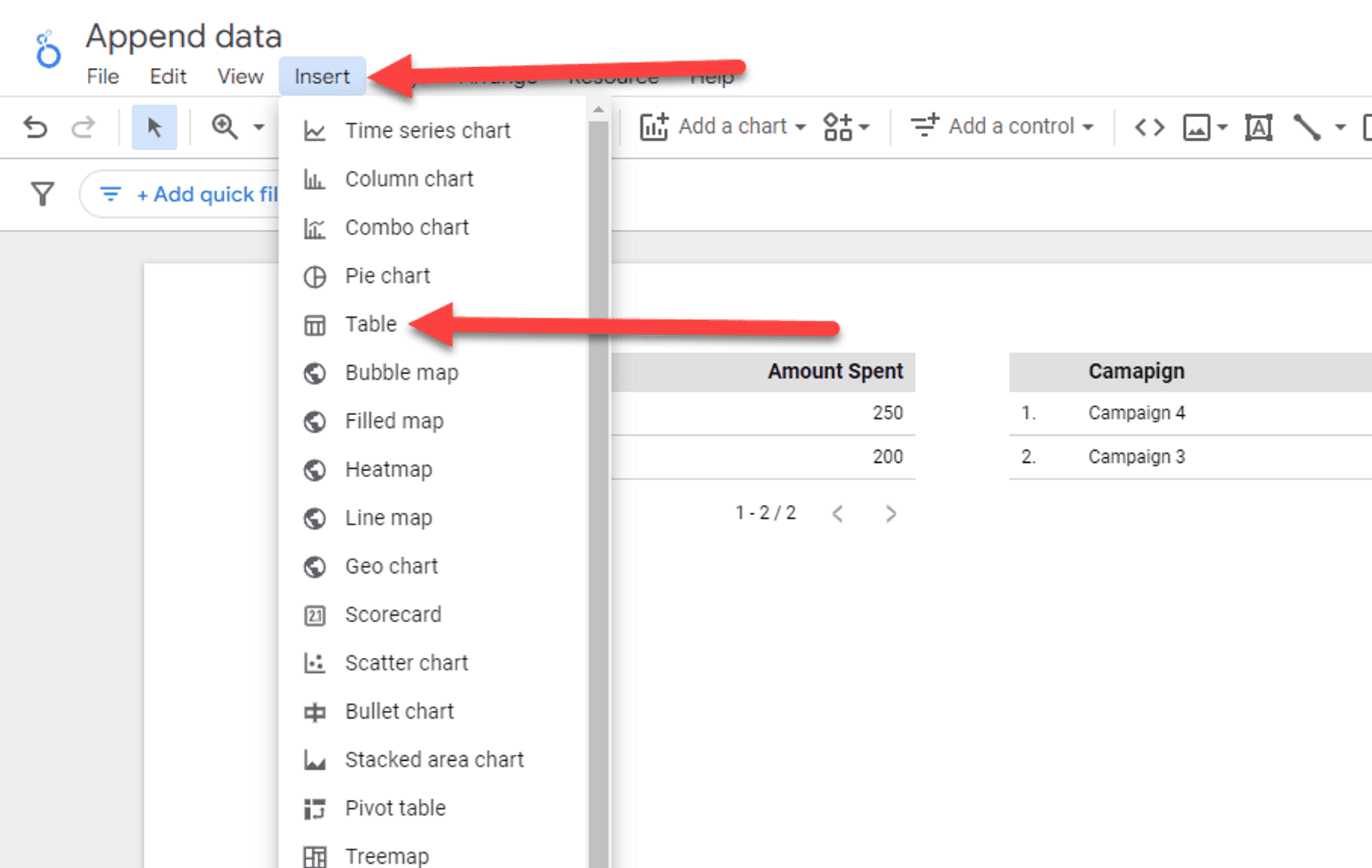 Looker Studio append data insert table