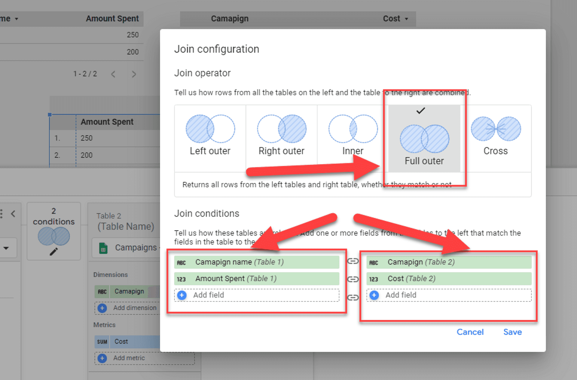 Looker Studio append data join configuration