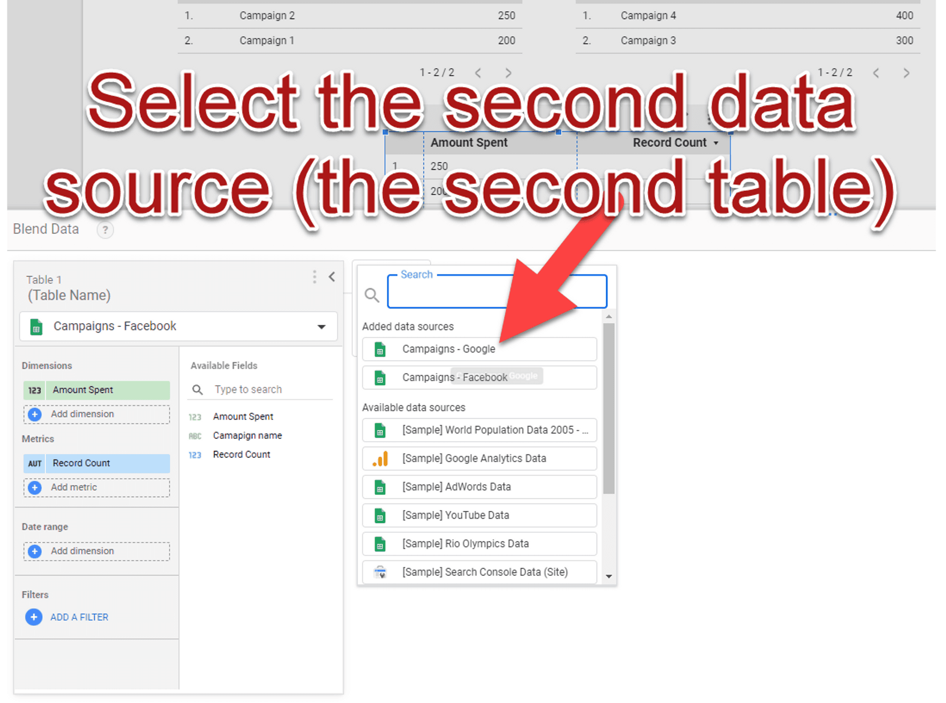 Looker Studio append data select second table