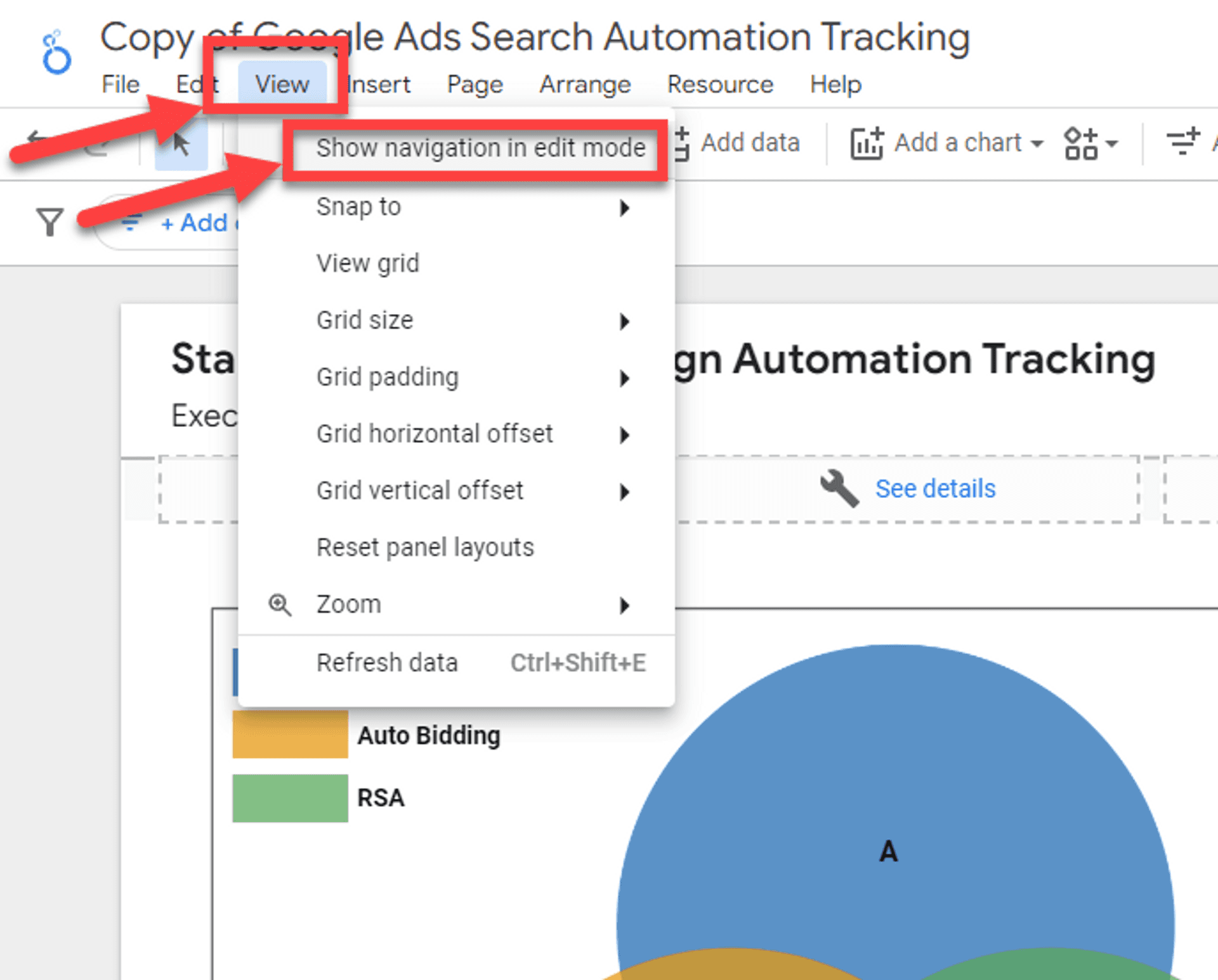 Looker studio navigation in edit mode